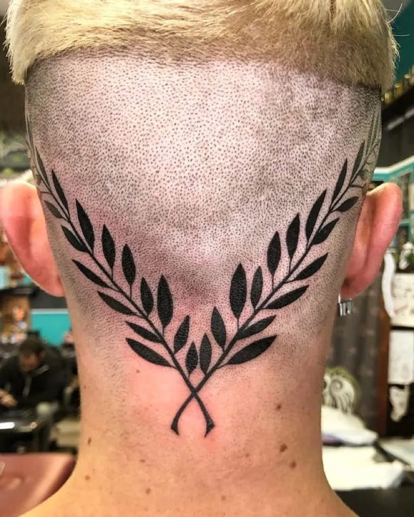 Medium Blackwork Laurel Wreath Tattoo on Men Neck by @thegoldentikitattooparlour
