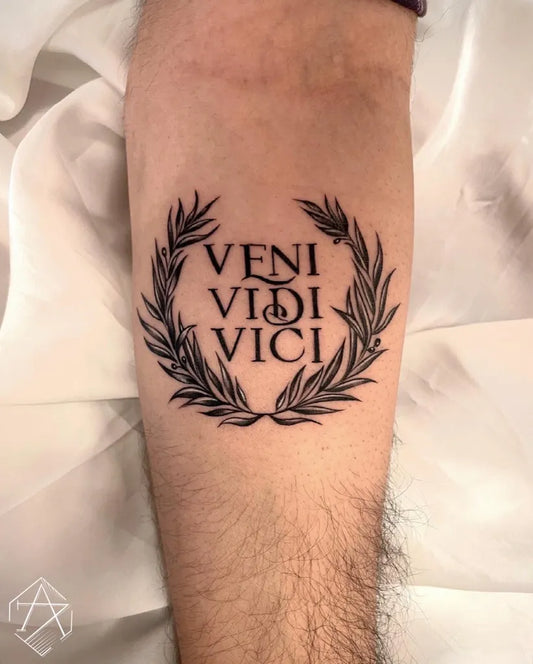 Medium Blackwork Laurel Wreath Veni Vidi Vici Tattoo on Men Arm by @theartattacktattoos