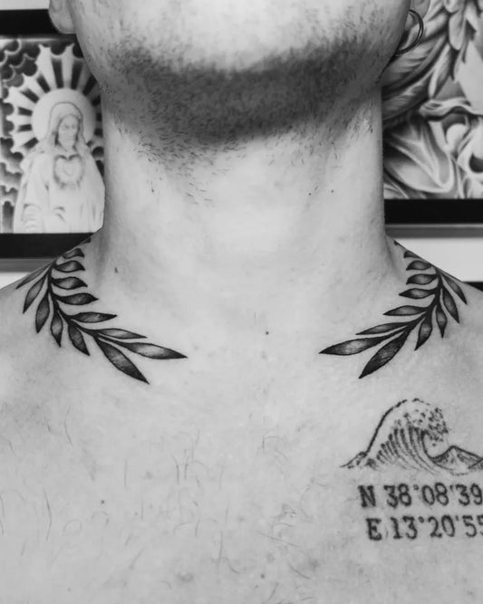 Medium Blackwork Laurel Wreath and Coordinates Tattoo on Men Neck by @kayneinklab