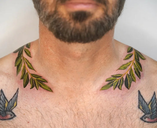 Medium Blackwork Laurel Wreath and Swallows Tattoo on Men Neck by @myungdo___