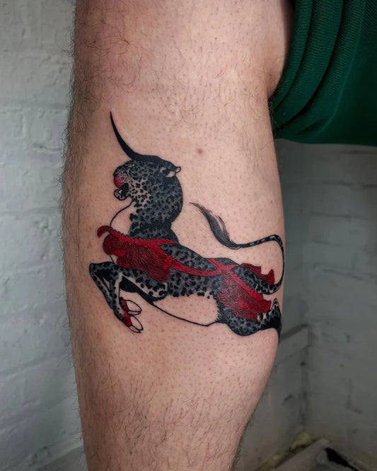 Medium Blackwork Leopard Tattoo on Men Calf by @stucknstoked