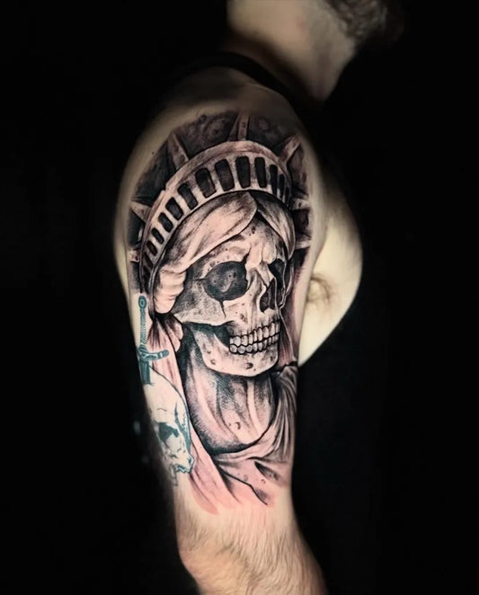 Medium Blackwork Liberty Skull on Men Arm Tattoo by @highpriestesstattoo420