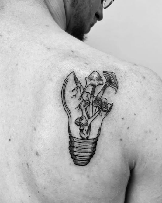 Medium Blackwork Lightbulb Mushrooms Tattoo on Men Shoulder by @parleeninks