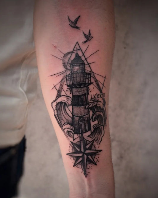 Medium Blackwork Lighthouse Birds Waves Tattoo on Men Arm by @paulo_borrega