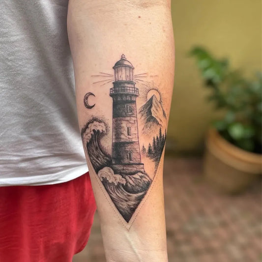 Medium Blackwork Lighthouse Mountains Waves Tattoo on Men Arm by @pati.tattooart
