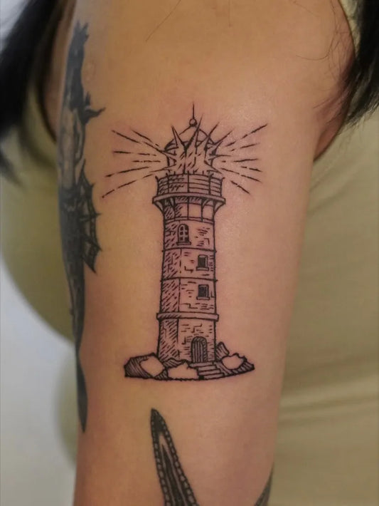 Medium Blackwork Lighthouse Tattoo on Women Arm by @pe_tattoooo