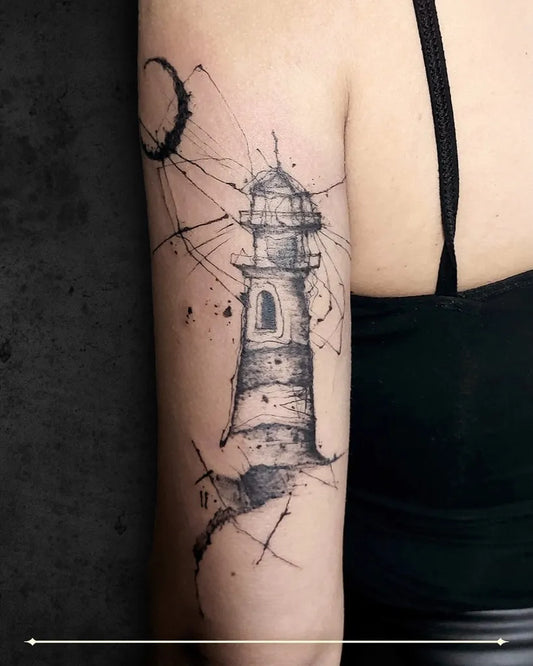 Medium Blackwork Lighthouse and Crescent Tattoo on Women Arm by @octopustattoozgb