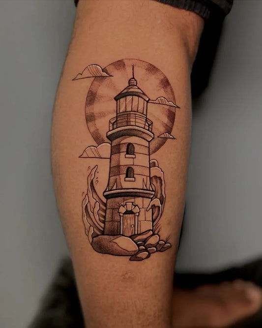 Medium Blackwork Lighthouse and Sun Tattoo on Men Leg by @sleepdeprivedbot