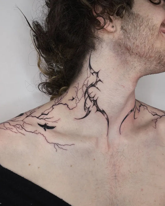 Medium Blackwork Lightning Branches Bird Tattoo on Men Neck by @cathetusss