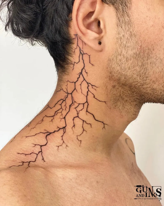 Medium Blackwork Lightning Tattoo on Men Neck by @gunsandinkstattoos