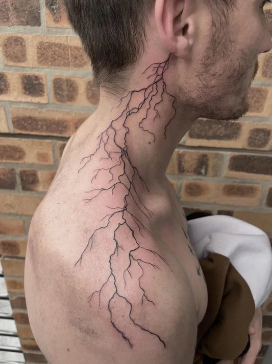 Medium Blackwork Lightning Tattoo on Men Neck by @hillmidget_ink