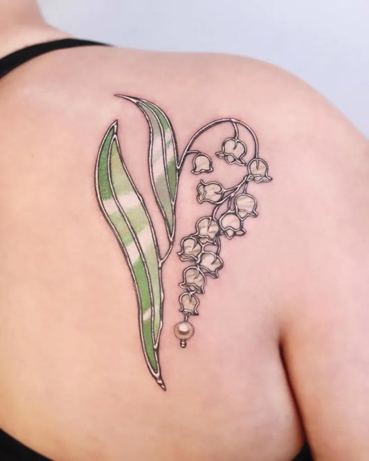 Medium Blackwork Lily of the Valley Leaves on Women Shoulder Tattoo by @dani.dani_tt