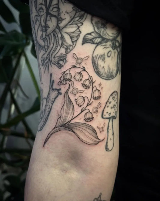 Medium Blackwork Lily of the Valley Mushroom Flowers Women Arm Tattoo by @natts_tatts
