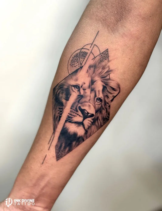 Medium Blackwork Lion Geometric Head on Men Arm Tattoo by @ink_divine_tattoo