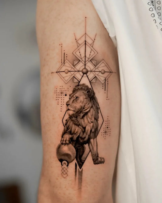 Medium Blackwork Lion Geometric Orb on Men Arm Tattoo by @prettypat.tats