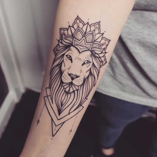 Medium Blackwork Lion Mandala on Women Arm Tattoo by @delilahsdaggertattoo