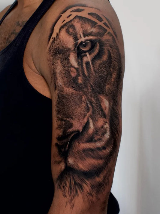 Medium Blackwork Lion on Men Arm Tattoo by @tattoos_ryanbaatjies