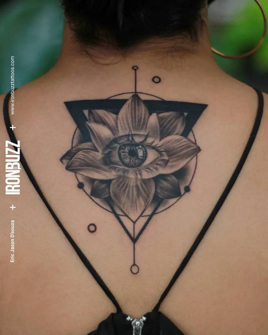 Medium Blackwork Lotus Eye Spiritual Tattoo on Women Neck by @ironbuzztattoos