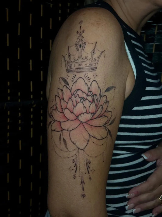 Medium Blackwork Lotus Flower Crown on Women Shoulder Tattoo by @darcyjotattoos