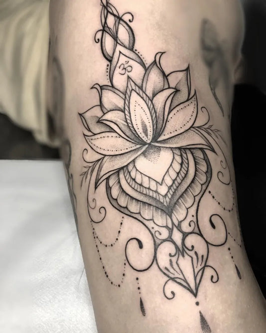 Medium Blackwork Lotus Flower Mandala on Women Arm Tattoo by @serenamirolo.tattoo