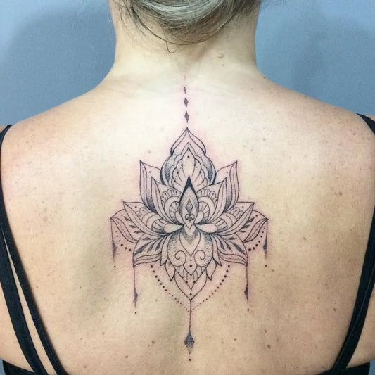 Medium Blackwork Lotus Flower Mandala on Women Back Tattoo by @notinusetattoo