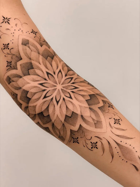 Medium Blackwork Mandala Floral Tattoo on Women Arm by @alextreze13