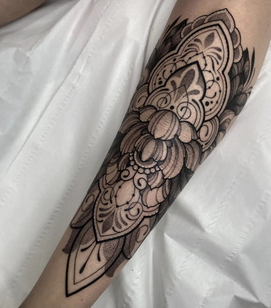 Medium Blackwork Mandala Floral Tattoo on Women Arm by @emmabeechtattoo