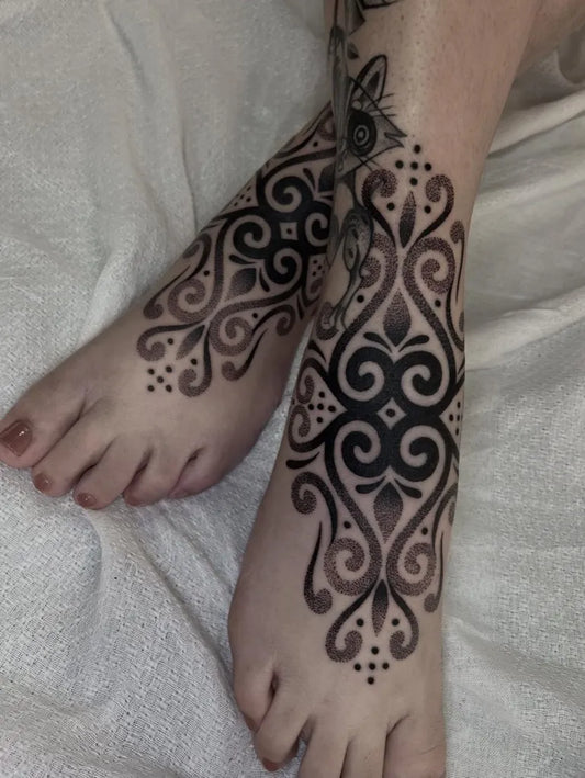 Medium Blackwork Mandala Floral Tattoo on Women Leg by @jimenezz.tatt