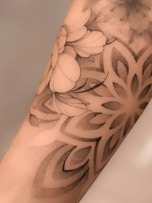 Medium Blackwork Mandala Flowers Tattoo on Women Arm by @alextreze13