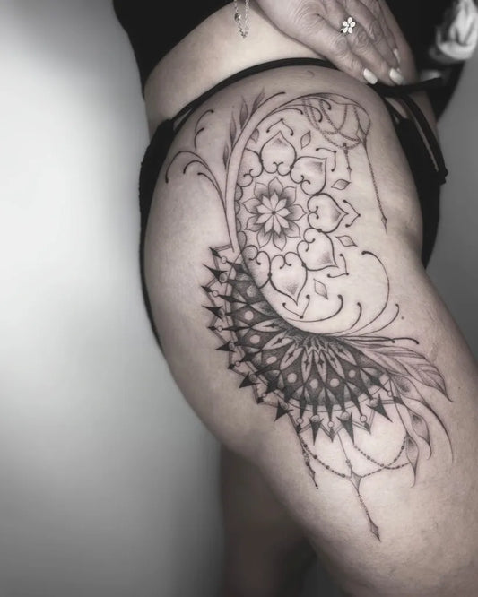 Medium Blackwork Mandala Flowers Tattoo on Women Hip by @bethmaddoxtattoos