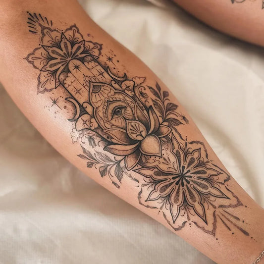 Medium Blackwork Mandala Hamsa Lotus Tattoo on Women Leg by @abievetattoo