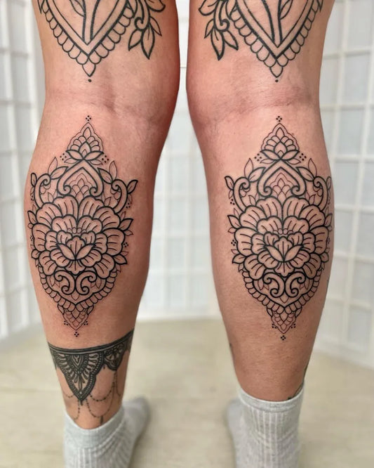 Medium Blackwork Mandala Lace Tattoo on Women Calf by @laurensmithtattoos