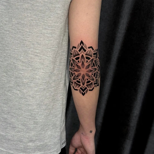 Medium Blackwork Mandala Tattoo on Men Arm by @mr.inkskinmarker