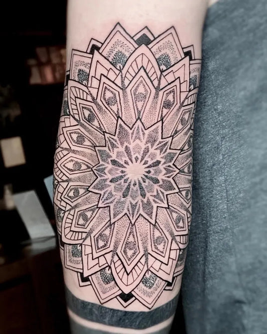 Medium Blackwork Mandala Tattoo on Men Elbow by @themanyao