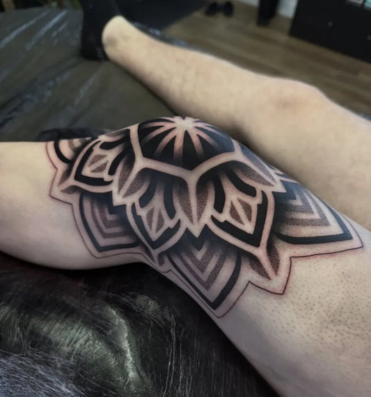 Medium Blackwork Mandala Tattoo on Men Knee by @domjoeltattoo