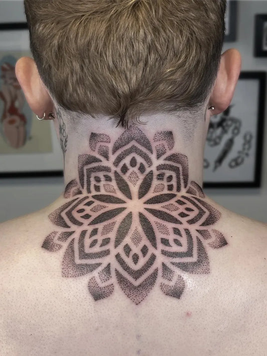Medium Blackwork Mandala Tattoo on Men Neck by @mxttc_tattoo