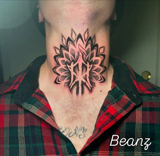 Medium Blackwork Mandala Tattoo on Men Throat by @frijolitosvision