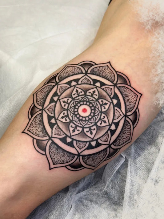 Medium Blackwork Mandala Tattoo on Women Arm by @augustin_487