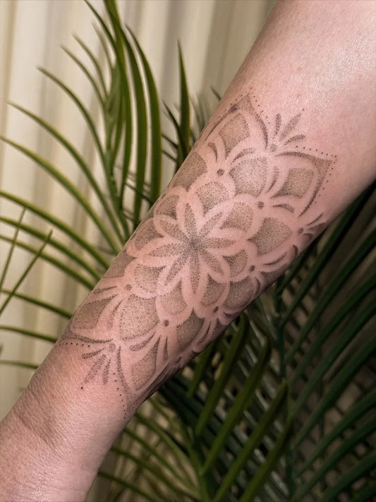Medium Blackwork Mandala Tattoo on Women Arm by @meraki.tattoo.ca