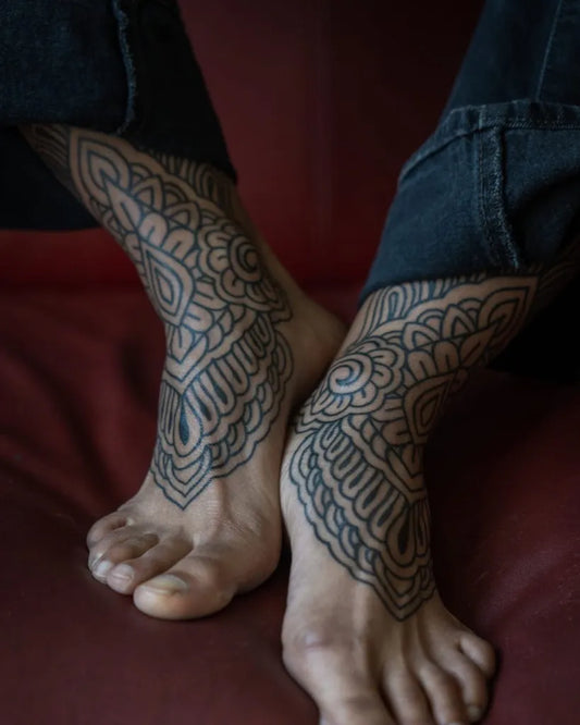 Medium Blackwork Mandala Tattoo on Women Foot by @wildhands