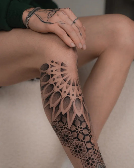 Medium Blackwork Mandala Tattoo on Women Leg by @alextreze13