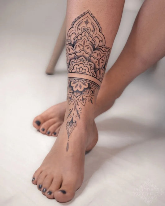 Medium Blackwork Mandala Tattoo on Women Leg by @kunstwerk.chelle