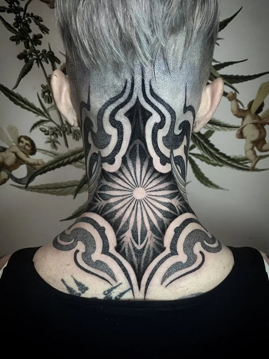 Medium Blackwork Mandala and Floral Tattoo on Women Neck by @inezalmeida_tattoo
