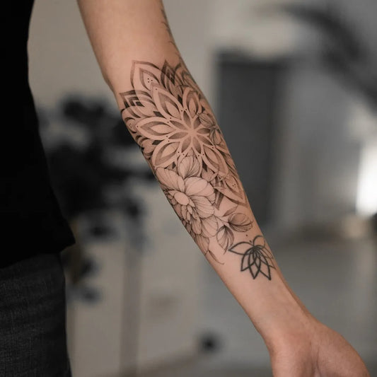 Medium Blackwork Mandala and Lotus Tattoo on Women Arm by @lucasimon.tattoo