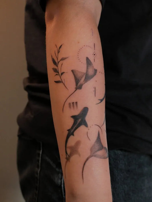Medium Blackwork Manta Ray and Great White Shark on Men Arm Tattoo by @unique_ula