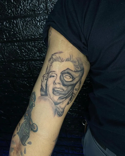 Medium Blackwork Marilyn Monroe with skull face on Men Arm Tattoo by @leeyonk_jr