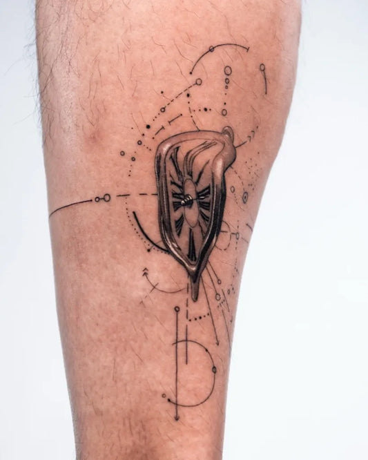 Medium Blackwork Melting Clock Tattoo on Men Arm by @guccida