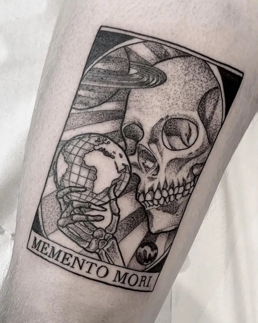 Medium Blackwork Memento Mori Globe Skull on Men Arm Tattoo by @sinercaballero