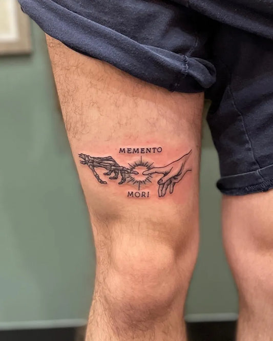 Medium Blackwork Memento Mori Hands Sun on Men Thigh Tattoo by @kristinmarietattoos