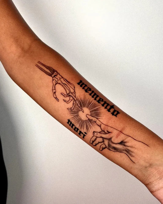 Medium Blackwork Memento Mori Hands Sun on Women Arm Tattoo by @jessx.tattoos
